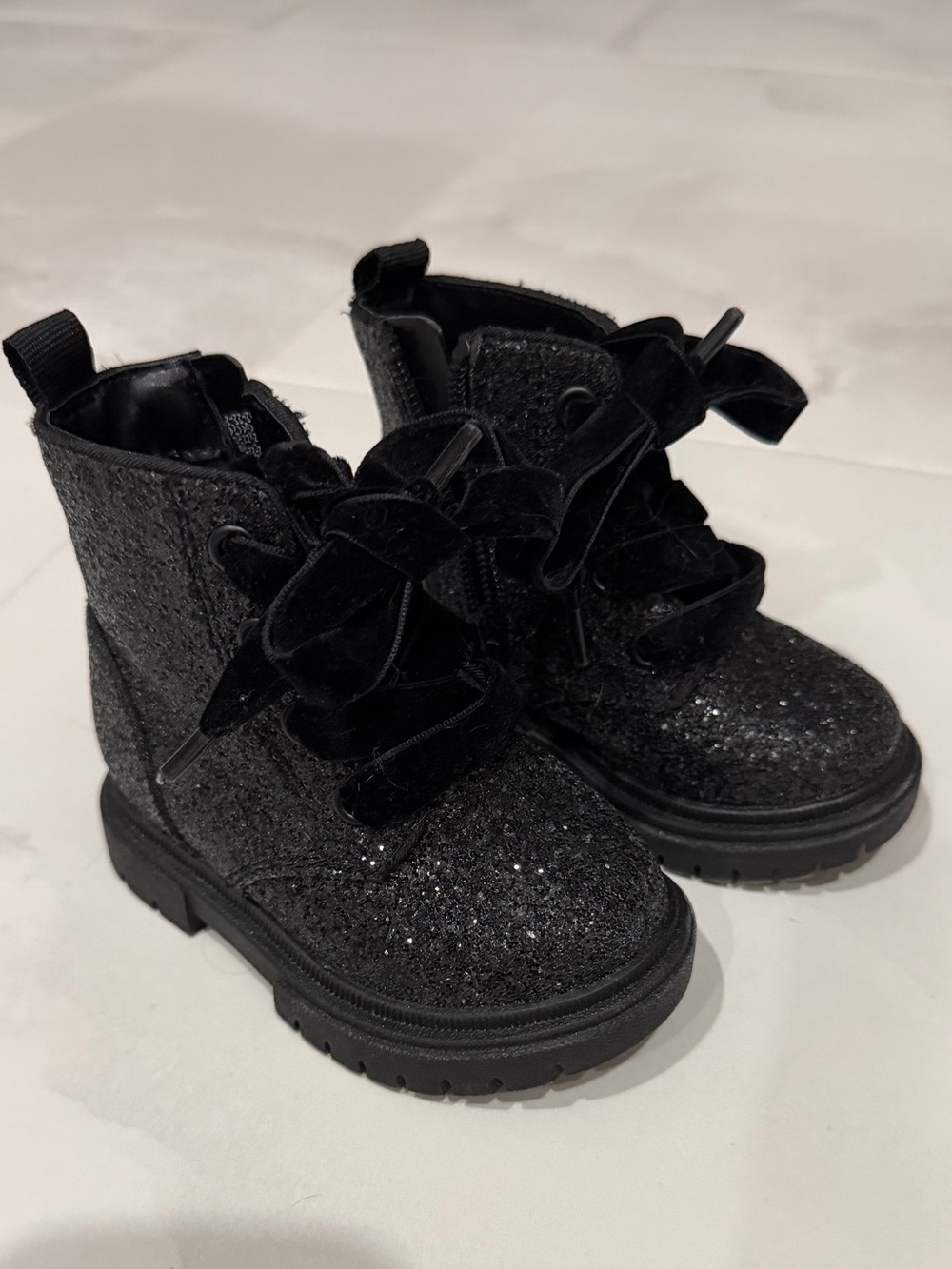 Black Glitter Kids Ankle Boots with Velvet Bows